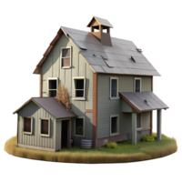 nostalgic enchanting An abandoned farmhouse with peeling paint and broken windows, overcast sky with subtle light gradients, rural landscape photography style impeccable png
