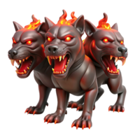 playful radiant A fearsome Cerberus guarding the gates of the underworld, its three heads snarling, bathed in the red glow of hellfire. Gothic style elite png