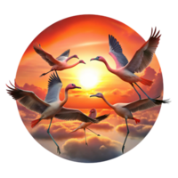 vibrant baroque A flock of flamingos taking flight against a fiery sunset, silhouetted against the vibrant sky, painted in the style of Claude Monet original png