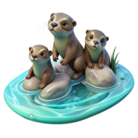 iconic mid century A playful family of otters frolicking in a crystal clear stream, dappled sunlight filtering through the trees, painted in a whimsical, impressionistic style masterfully captured png