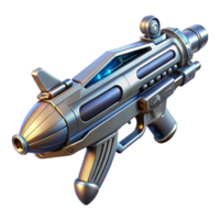 radiant celebrated A futuristic weapon, sleek and metallic, with intricate engravings, levitating in a zero gravity environment. Studio lighting, realistic style png