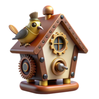 dazzling exceptional A steampunk birdhouse, intricately crafted from gears and cogs, with a small robotic bird perched on top. Soft, morning light. whimsical style png