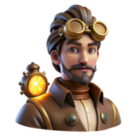 vibrant acclaimed Portrait of a steampunk inventor with goggles and gears adorning their clothing, lit by the warm glow of a steam powered lamp, steampunk art style png