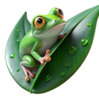 fascinating whimsical retro A tiny green tree frog clinging to a large, dew covered leaf, soft diffused lighting, macro photography style exclusive png