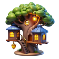 majestic classic A whimsical treehouse with glowing windows and winding staircases, nestled in the branches of a giant oak tree, storybook illustration studio quality png