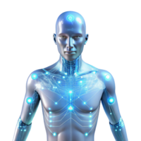 glorious creative A transparent human figure with glowing circuitry visible beneath the skin, surrounded by data streams, illuminated by a soft white light, in a cyberpunk style authentic png