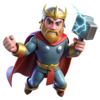 dazzling dramatic contemporary Thor, the Norse god of thunder, wielding Mjolnir, lightning crackling around him, against a backdrop of a stormy sky. Comic book style handcrafted png