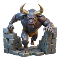 inspired traditional A fearsome minotaur charging through a labyrinth of crumbling stone walls, harsh spotlighting, in a dynamic graphic novel style exclusive png