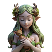 elegant acclaimed A serene dryad with bark like skin and moss covered hair, cradling a fawn, dappled sunlight filtering through leaves. Impressionistic style png