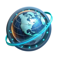standout contemporary A holographic projection of the Earth rotating slowly, continents outlined in glowing lines, surrounded by binary code, futuristic style sharp png