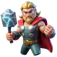 pristine classic Thor, the Norse god of thunder, wielding Mjolnir, lightning crackling around him, against a backdrop of a stormy sky. Comic book style exclusive png
