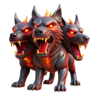 striking impressionist A fearsome Cerberus guarding the gates of the underworld, its three heads snarling, bathed in the red glow of hellfire. Gothic style masterfully captured png