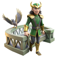 serene memorable A mischievous Norse Loki, shapeshifting into a falcon, against a backdrop of the Bifrost bridge, in a fantasy art style png