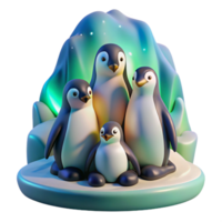 distinguished art deco A family of penguins huddled together on an icy landscape, illuminated by the soft glow of the aurora borealis, rendered in a realistic style crisp png