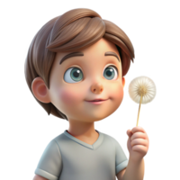 splendid unforgettable Portrait of a curious child with wide, innocent eyes, holding a dandelion clock, lit by soft, diffused light, in a whimsical style png