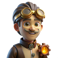 glorious playful tropical Portrait of a steampunk inventor with goggles, gears, and a quirky smile, lit by warm, flickering candlelight, in a steampunk art style perfect clarity png