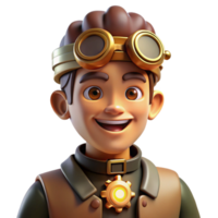 magnificent modern Portrait of a steampunk inventor with goggles, gears, and a quirky smile, lit by warm, flickering candlelight, in a steampunk art style detailed png