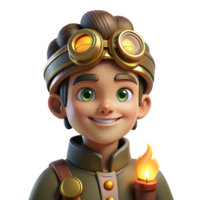 timeless organic Portrait of a steampunk inventor with goggles, gears, and a quirky smile, lit by warm, flickering candlelight, in a steampunk art style genuine png