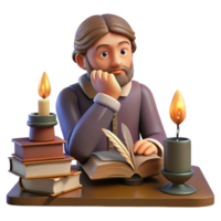 radiant art deco Portrait of a thoughtful writer with a quill in hand and a contemplative expression, surrounded by books, lit by the warm glow of a candle, vintage illustration style flawless png