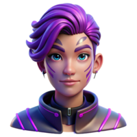 captivating art deco Portrait of a non binary person with vibrant purple hair and intricate facial tattoos, lit by a neon pink glow, in a cyberpunk style impeccable png