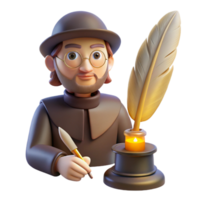 exquisite iconic Portrait of a thoughtful writer with a quill, warm lamplight, vintage style png