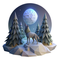 tranquil spectacular A solitary wolf howling at a full moon in a snow covered forest, illuminated by cool moonlight, digital painting in a low poly style refined png