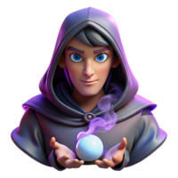 memorable modern Portrait of a mysterious fortune teller with a hooded cloak, piercing eyes, and a cryptic expression, lit by candlelight and swirling smoke, in a mystical style detailed png