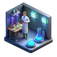 elegant organic A lone scientist working in a high tech laboratory, surrounded by bubbling beakers and glowing screens, cool lighting, isometric view, pixel art, luxury png
