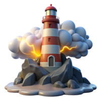 pristine remarkable A towering lighthouse on a rocky coast, crashing waves, dramatic storm clouds, flashing light png