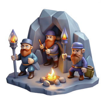 dreamy radiant A group of dwarves mining for gems in a dimly lit cavern, torchlight, fantasy RPG style high resolution png