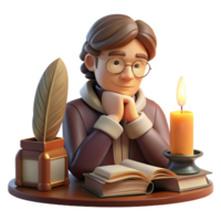 dramatic immaculate Portrait of a thoughtful writer with a quill in hand and a contemplative expression, surrounded by books, lit by the warm glow of a candle, vintage illustration style professional png
