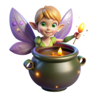 immaculate gothic A mischievous pixie with iridescent wings hovering over a bubbling cauldron, surrounded by fireflies, whimsical illustration fine detail png