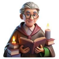remarkable minimalist Portrait of a wizened old librarian surrounded by floating books, wearing spectacles and a velvet robe, lit by warm candlelight, in a painterly style expertly shot png