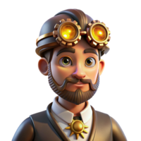 romantic spectacular Portrait of a steampunk inventor with goggles and intricate clockwork gears embedded in their skin, lit by the warm glow of flickering gaslight precision png