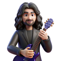 notable rustic Portrait of a charismatic musician with long, flowing black hair and a soulful expression, holding a guitar, lit by colorful stage lights, rock and roll photography style professional png