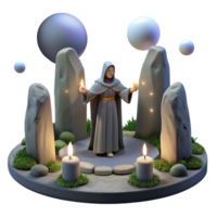 whimsical majestic A mysterious druid performing a ritual in a stone circle, soft moonlight, Celtic style handcrafted png