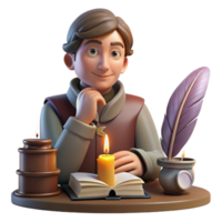 dramatic wonderful Portrait of a thoughtful writer with a quill in hand and a contemplative expression, surrounded by books, lit by the warm glow of a candle, vintage illustration style museum quality png