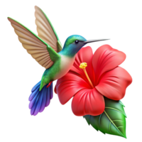 standout organic A vibrant hummingbird hovering near a bright red hibiscus flower, with dew drops glistening on its wings, rendered in a photorealistic style with soft natural light expertly shot png