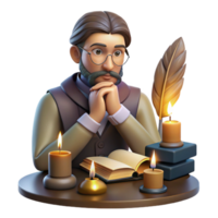 picturesque dreamy futuristic Portrait of a thoughtful writer with a quill in hand and a contemplative expression, surrounded by books, lit by the warm glow of a candle, vintage illustration style 4K png