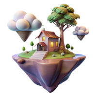 wonderful urban A floating island with a single tree and a small house, peaceful atmosphere, fantasy art, soft lighting, impeccable png