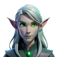 striking elegant Portrait of a mystical elf with pointed ears, long silver hair, and glowing green eyes, lit by moonlight, in a fantasy art style artisan png