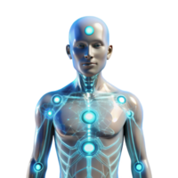 majestic creative A transparent human figure with glowing circuitry visible beneath the skin, surrounded by data streams, illuminated by a soft white light, in a cyberpunk style flawless png