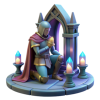 impressive unforgettable A lone knight kneeling before a mystical altar, soft glow, solemn and reverent, fantasy art png
