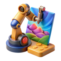 dramatic immaculate A robotic arm painting a futuristic landscape on a canvas, vibrant colors, soft lighting, impressionist style studio quality png