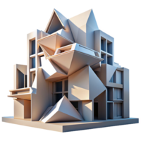 serene creative Deconstructivist building with fragmented shapes and distorted angles, sharp contrasting light and shadow, abstract art style exclusive png