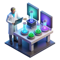 spectacular urban A lone scientist working in a high tech laboratory, surrounded by bubbling beakers and glowing screens, cool lighting, isometric view, pixel art, genuine png