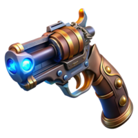 glorious notable A steampunk pistol, intricate engravings and glowing energy cells, held in a gloved hand, dramatic chiaroscuro lighting png
