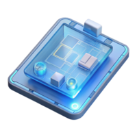 picturesque organic A transparent tablet displaying a complex engineering blueprint, holographic interface, minimalist style, soft lighting museum quality png