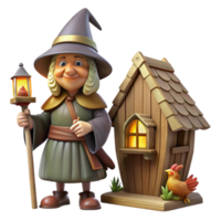 timeless mid century A wise old Slavic Baba Yaga, her hut standing on chicken legs in a dark forest, lit by a single window, in a folk art style handcrafted png
