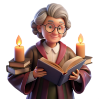 distinctive industrial Portrait of a wizened old librarian surrounded by floating books, wearing spectacles and a velvet robe, lit by warm candlelight, in a painterly style expertly shot png